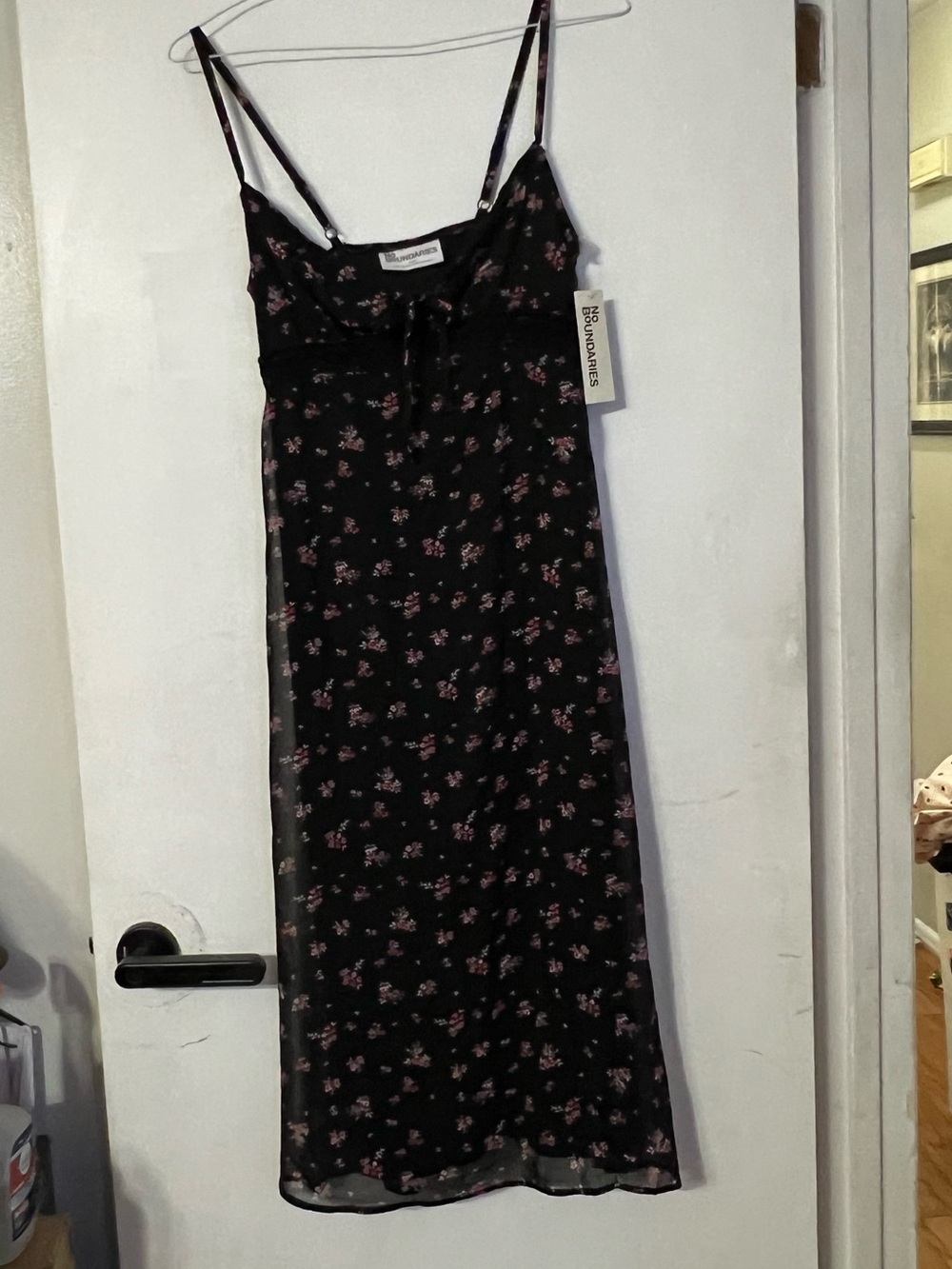 No Boundaries Black Midi Slip Dress with Pink Floral Print